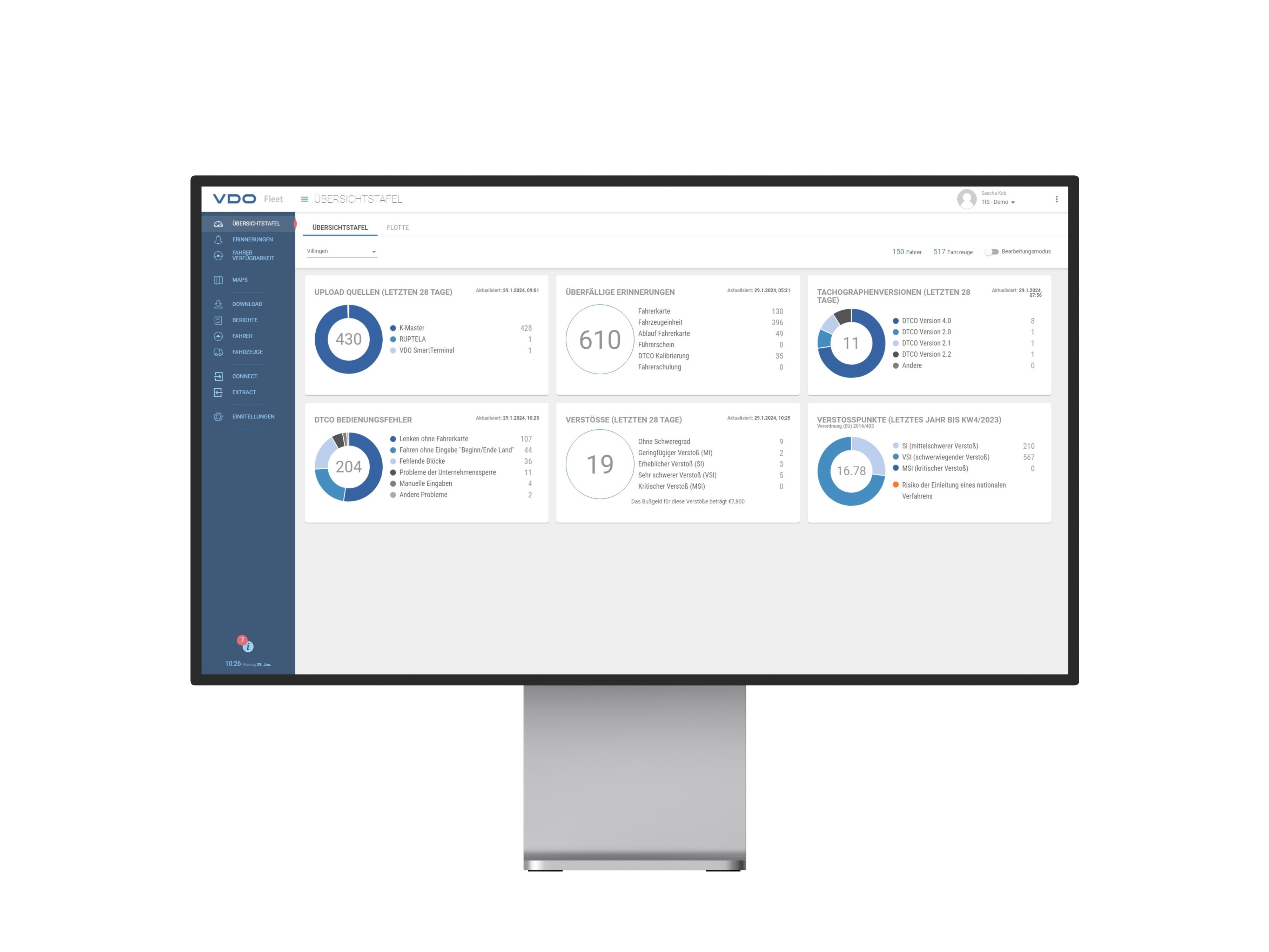 Die Übersichtstafel der VDO Software Tachograph Management zeigt unter anderem die Anzahl der Upload Quellen, überfällige Erinnerungen, eingesetzte Tachographenversionen, DTCO Bedienungsfelder, Verstöße und Verstoßpunkte an und ermöglicht es Flottenmanagern so, immer den Überblick zu behalten. 