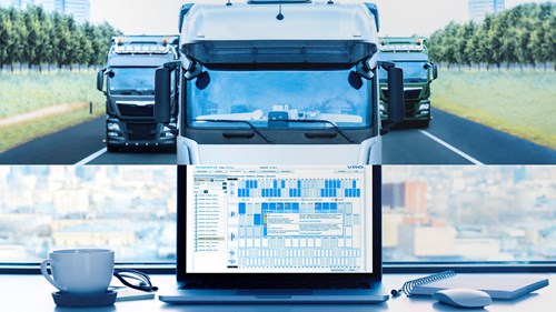 Zweigeteilte Darstellung von drei Lkw auf einer Straße, von denen der mittlere Lkw im Vordergrund in einen Laptop übergeht, auf dem die VDO Software Tachograph Management geöffnet ist. Neben dem Laptop sind eine Computermaus und eine Kaffeetasse zu sehen.