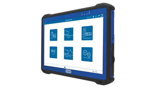 Seitenansicht des WorkshopTab 2 von VDO mit laufender Software. Die Symbole zeigen verschiedene Funktionen an, beispielsweise die Fahrzeugkalibrierung.