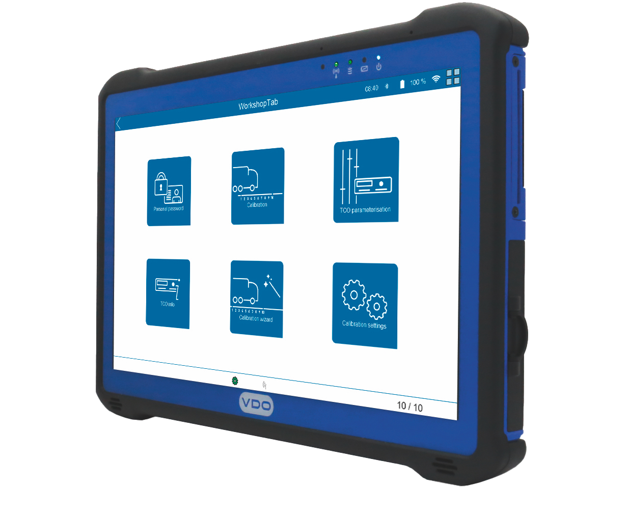 Seitenansicht des WorkshopTab 2 von VDO mit geöffneter Software. Icons zeigen verschiedene Funktionen - wie beispielsweise die Kalibrierung der Fahrzeuge - an.