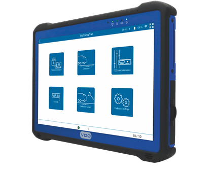 Seitenansicht des WorkshopTab 2 von VDO mit geöffneter Software. Icons zeigen verschiedene Funktionen - wie beispielsweise die Kalibrierung der Fahrzeuge - an.