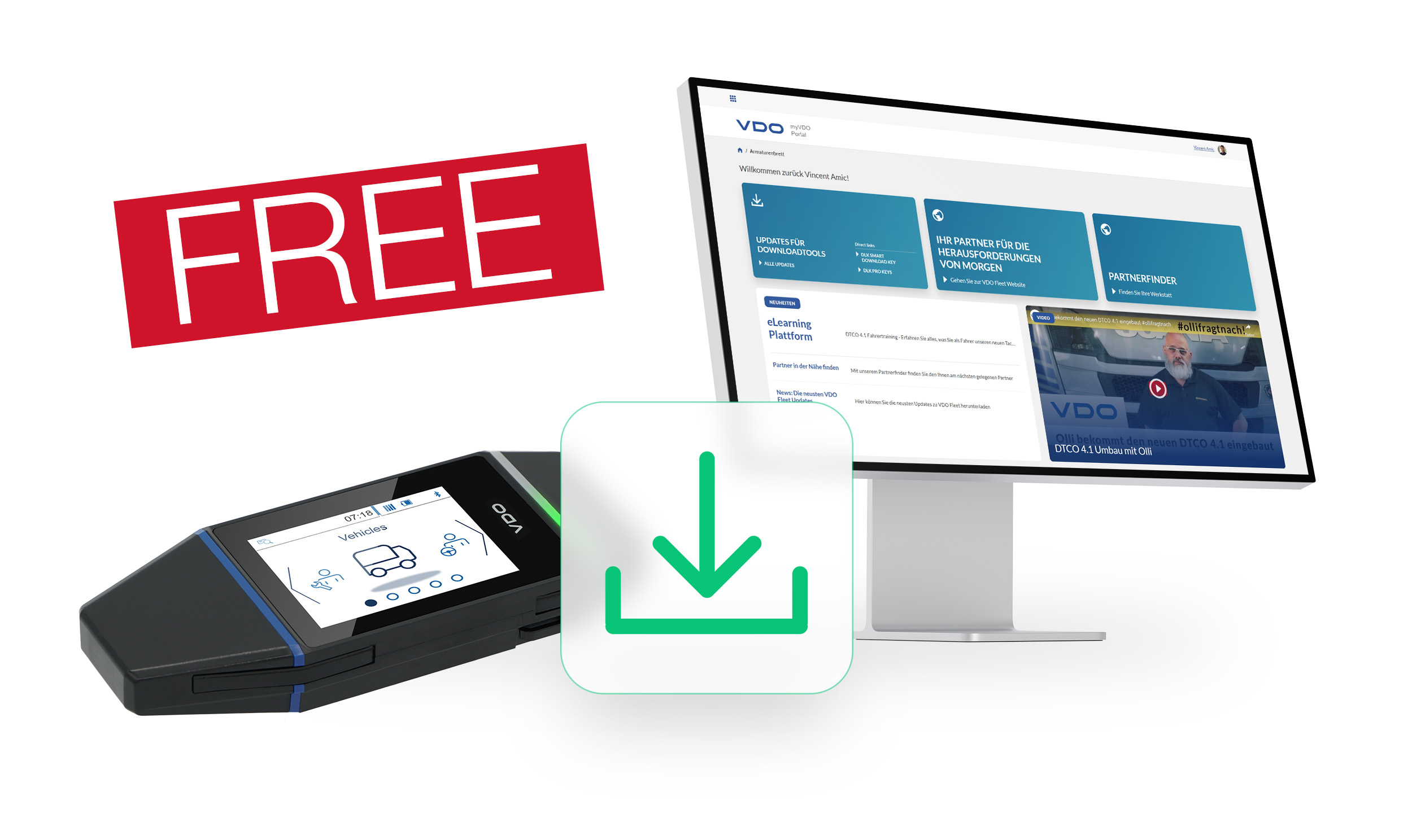 Eine Fotomontage zeigt einen Computer mit geöffneter VDO Fleet Software neben dem VDO DLK Smart Download Key. Das englische Wort „FREE“ zeigt in Verbindung mit dem grünen Download-Symbol in der Mitte, dass sich jeder Flottenbetreiber das Update für den VDO DLK Smart Download Key kostenlos herunterladen kann. 
