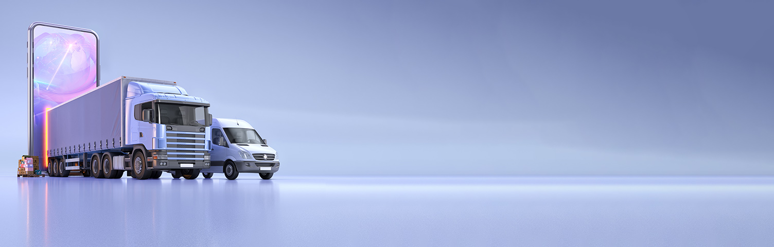 Eine Bildmontage zeigt einen Lkw, der aus einem Smartphone herausfährt. Daneben steht ein kleineres, ebenfalls weißes Flottenfahrzeug. Im Hintergrund ist die Ladung in Form von Paketen neben dem Lkw gestapelt. )