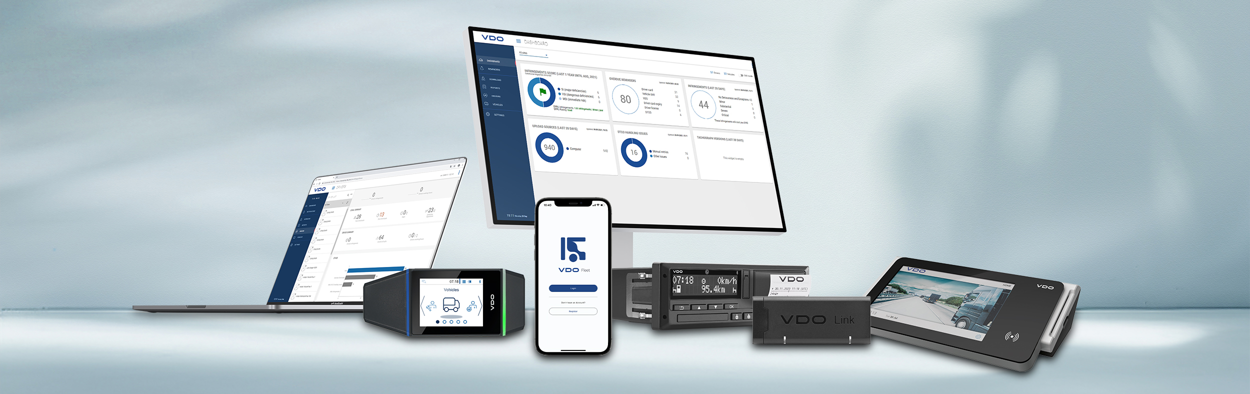 Collage der VDO-Welt bestehend aus Computerbildschirmen, dem VDO Link, dem DLK Smart Download Key, dem DTCO 4.1a und weiteren Produkten.