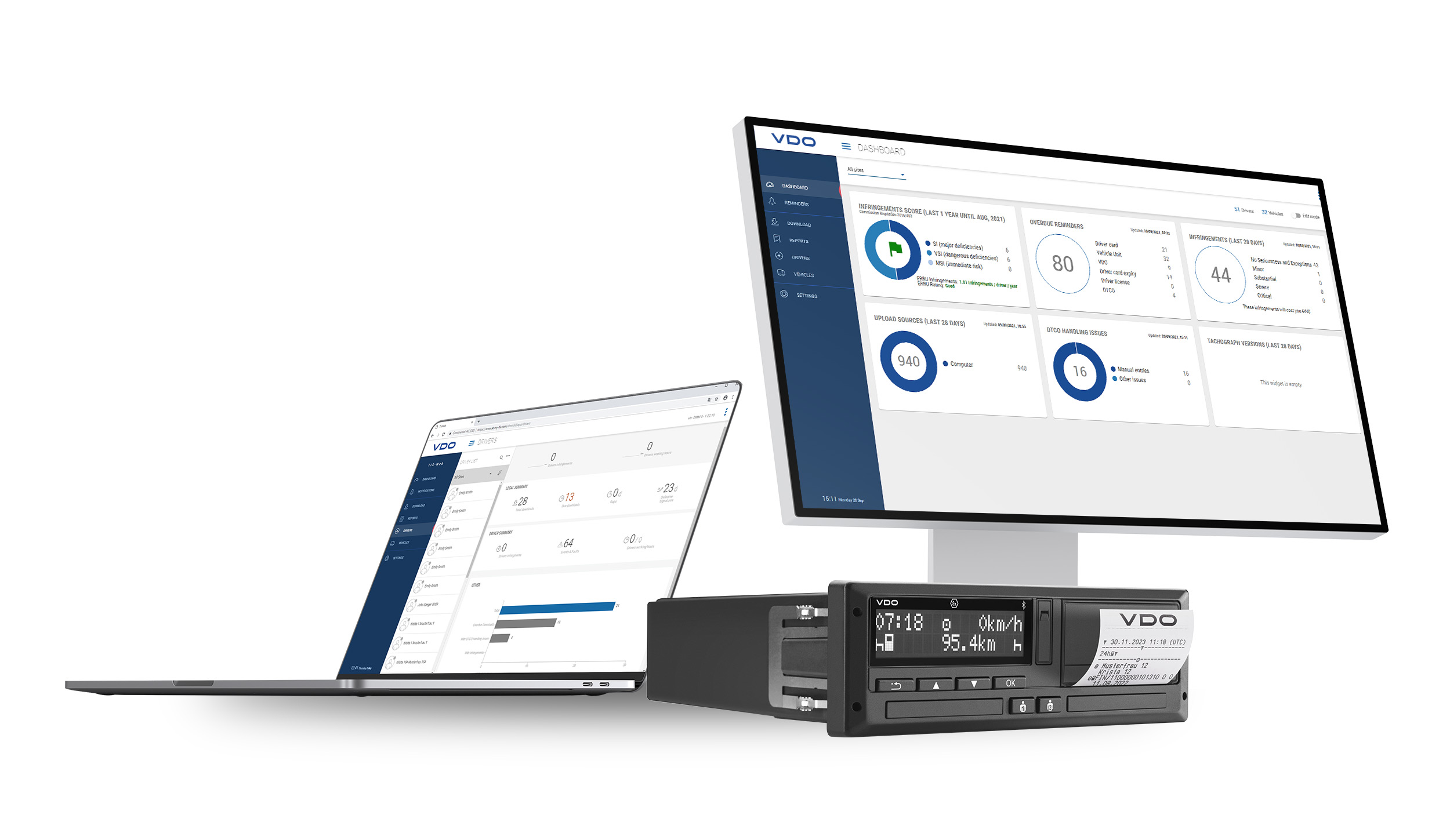 Grafik einer Zusammenstellung aus VDO DTCO 4.1, Laptop und Computer. Auf den beiden Bildschirmen ist ein Dashboard sowie eine Auswertung der Software Tachograph Management zu erkennen. Der Tachograph im Vordergrund druckt gerade. 