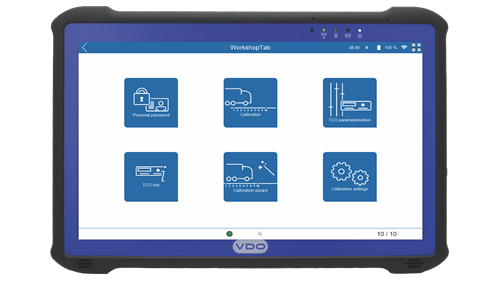 Frontansicht des WorkshopTab 2 von VDO mit laufender Software. Die Symbole im Startmenü zeigen verschiedene Funktionen an, beispielsweise die Fahrzeugkalibrierung.