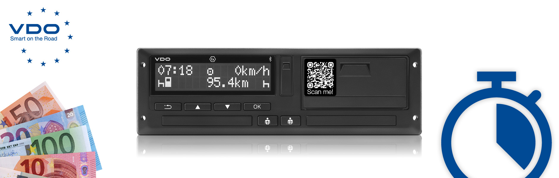 Eine Grafik zeigt den VDO DTCO 4.1 in der Bildmitte. Im linken unteren Bildrand sind angeschnittene Geldscheine zu sehen. Links oben sieht man das VDO Logo. Rechts symbolisiert ein Stoppuhr-Icon in Verbindung mit der restlichen Gestaltung, dass durch eine frühzeitige Umrüstung nicht nur Zeit, sondern auch Geld gespart werden kann. )